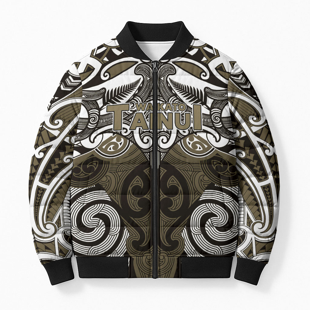 Personalised Maori Waikato Tainui Bomber Puffer Jacket Silver Fern Kowhaiwhai Art