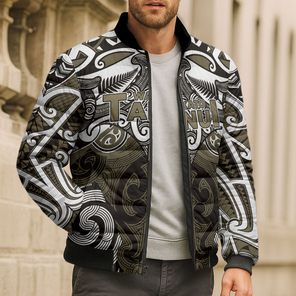 Personalised Maori Waikato Tainui Bomber Puffer Jacket Silver Fern Kowhaiwhai Art