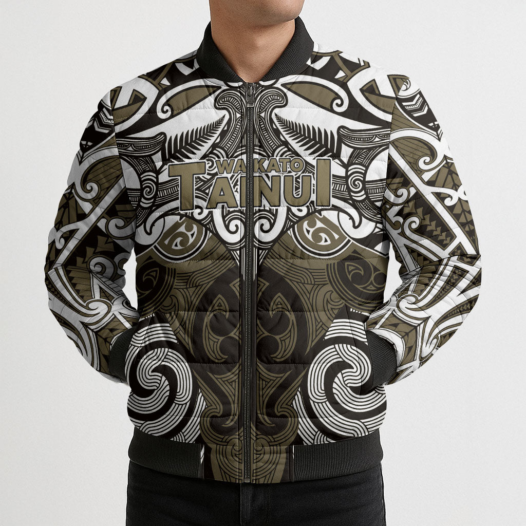 Personalised Maori Waikato Tainui Bomber Puffer Jacket Silver Fern Kowhaiwhai Art