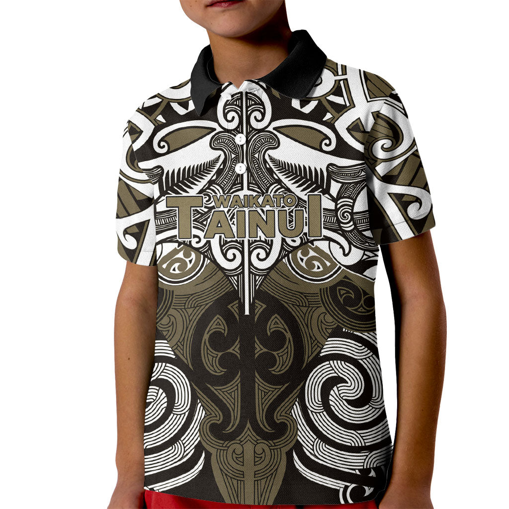 Personalised Maori Waikato Tainui Kid Polo Shirt Silver Fern Kowhaiwhai Art