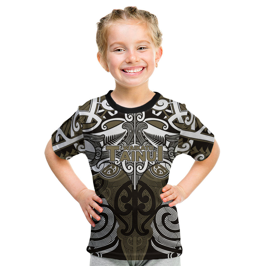 Personalised Maori Waikato Tainui Kid T Shirt Silver Fern Kowhaiwhai Art