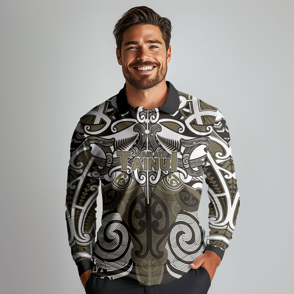 Personalised Maori Waikato Tainui Long Sleeve Polo Shirt Silver Fern Kowhaiwhai Art