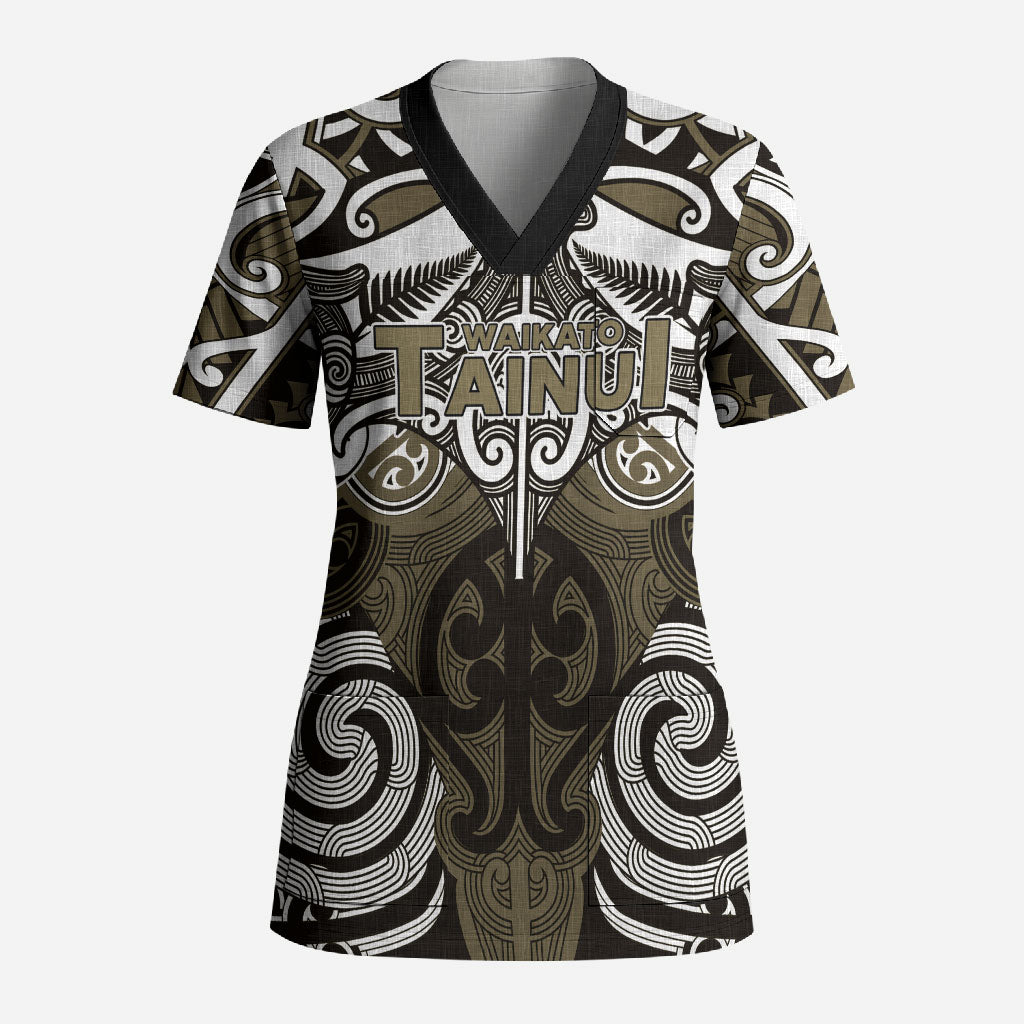 Personalised Maori Waikato Tainui Scrub Top Silver Fern Kowhaiwhai Art