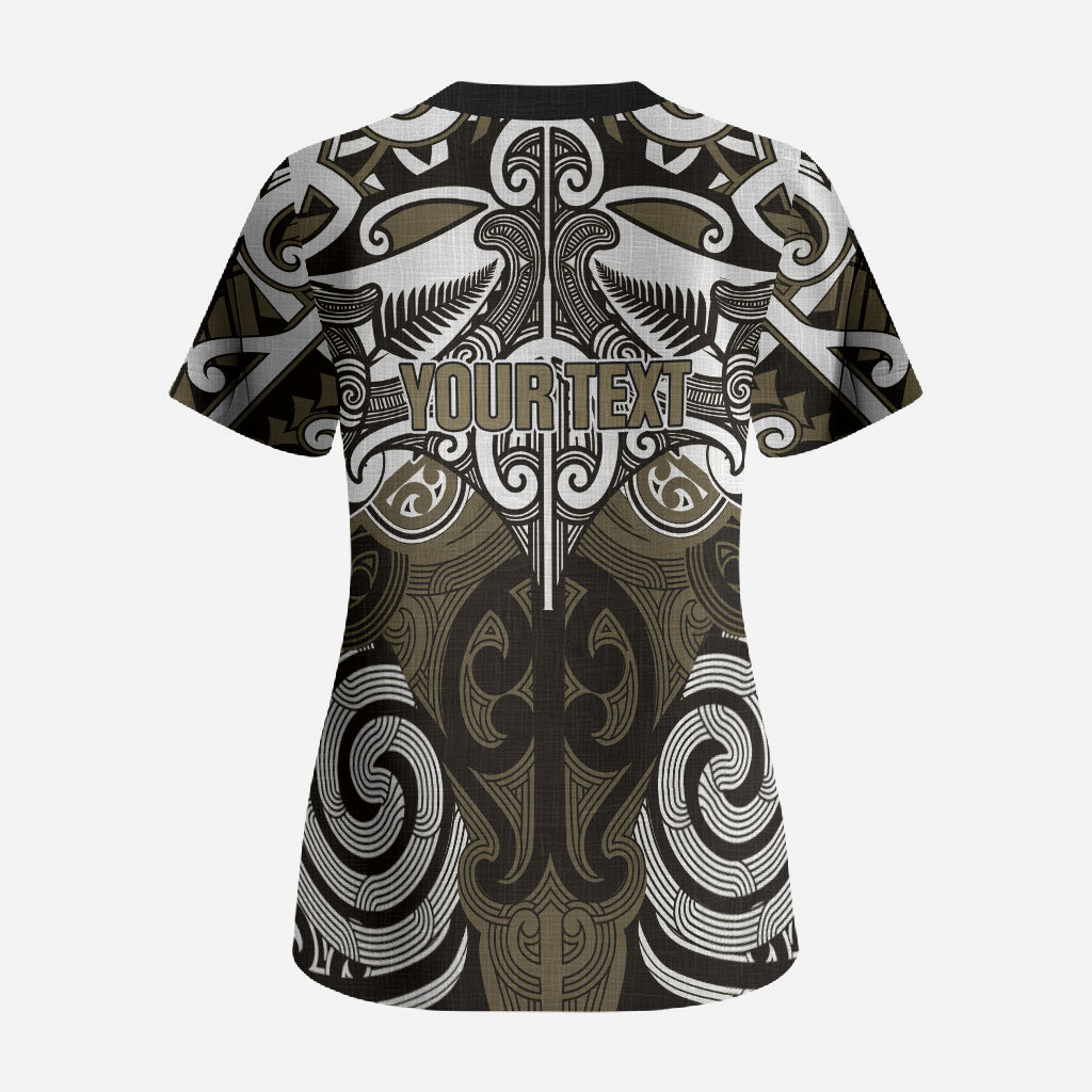 Personalised Maori Waikato Tainui Scrub Top Silver Fern Kowhaiwhai Art