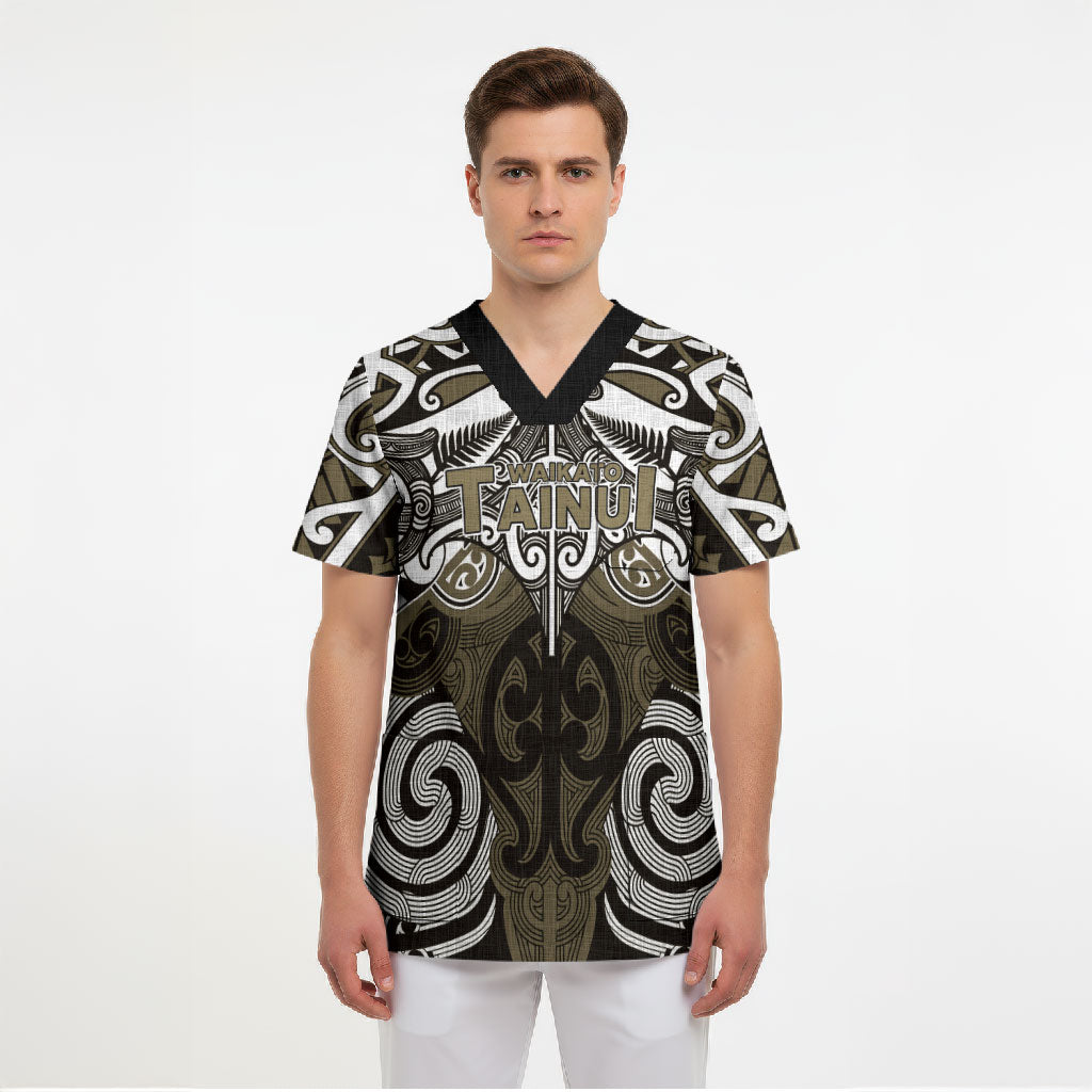 Personalised Maori Waikato Tainui Scrub Top Silver Fern Kowhaiwhai Art