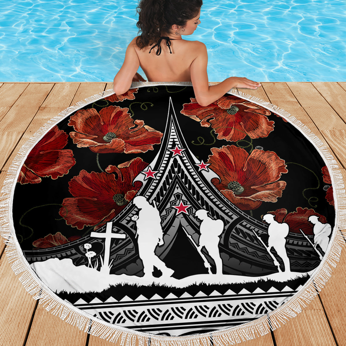New Zealand ANZAC Day Beach Blanket Poppy With Polynesian Pattern LT01 - Polynesian Pride