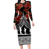 New Zealand ANZAC Day Family Matching Long Sleeve Bodycon Dress and Hawaiian Shirt Poppy With Polynesian Pattern LT01 Mom's Dress Black - Polynesian Pride