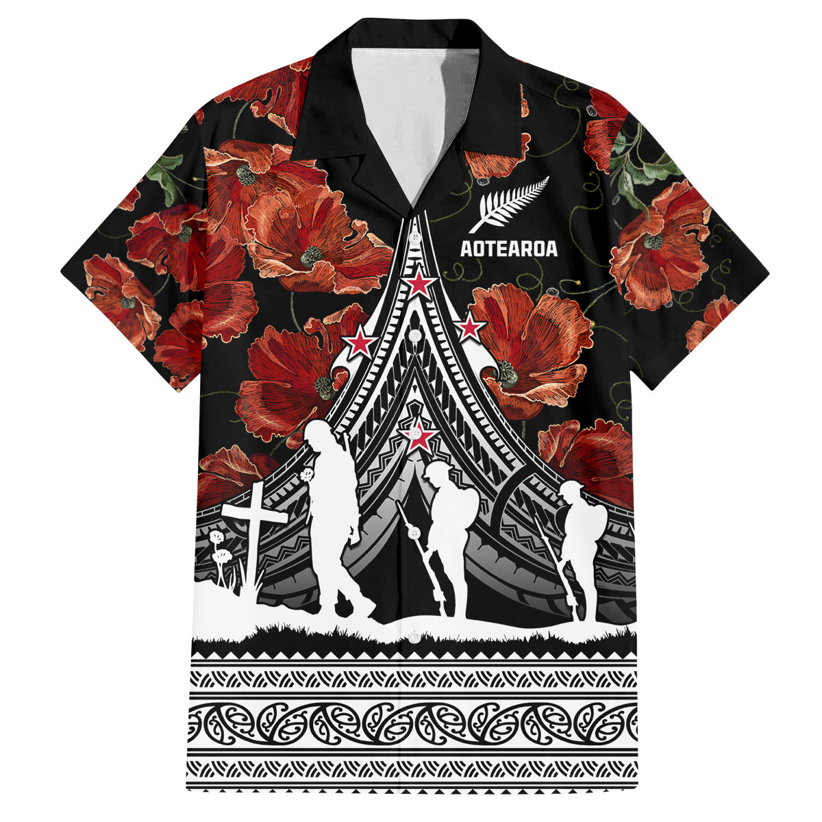 New Zealand ANZAC Day Family Matching Off Shoulder Long Sleeve Dress and Hawaiian Shirt Poppy With Polynesian Pattern LT01 Dad's Shirt - Short Sleeve Black - Polynesian Pride