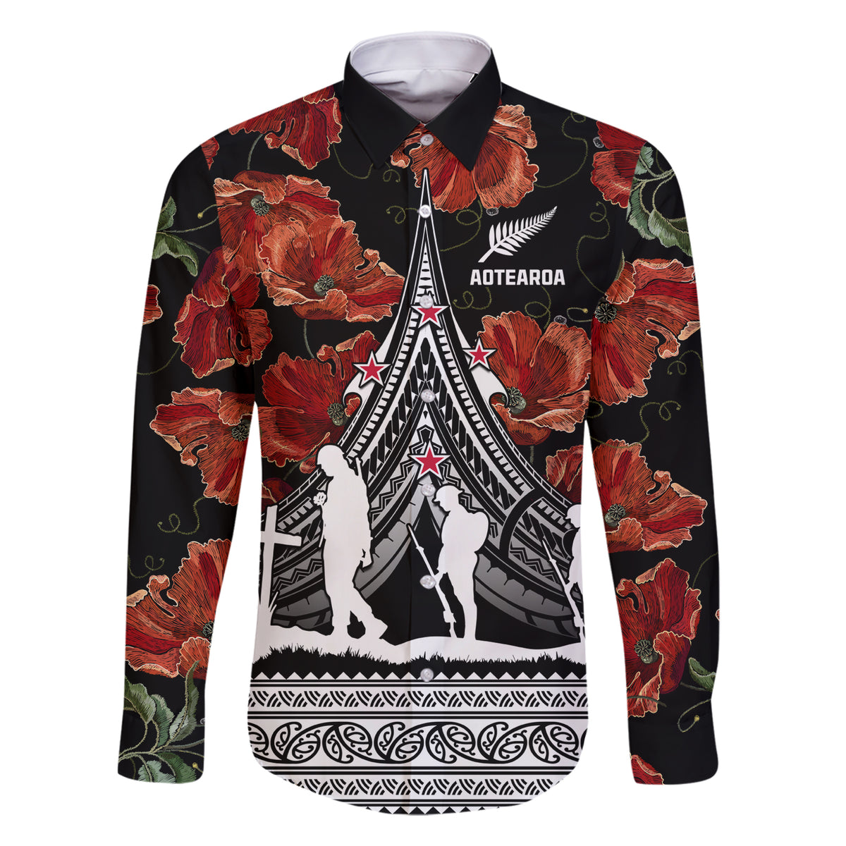 New Zealand ANZAC Day Family Matching Short Sleeve Bodycon Dress and Hawaiian Shirt Poppy With Polynesian Pattern LT01 Dad's Shirt - Long Sleeve Black - Polynesian Pride