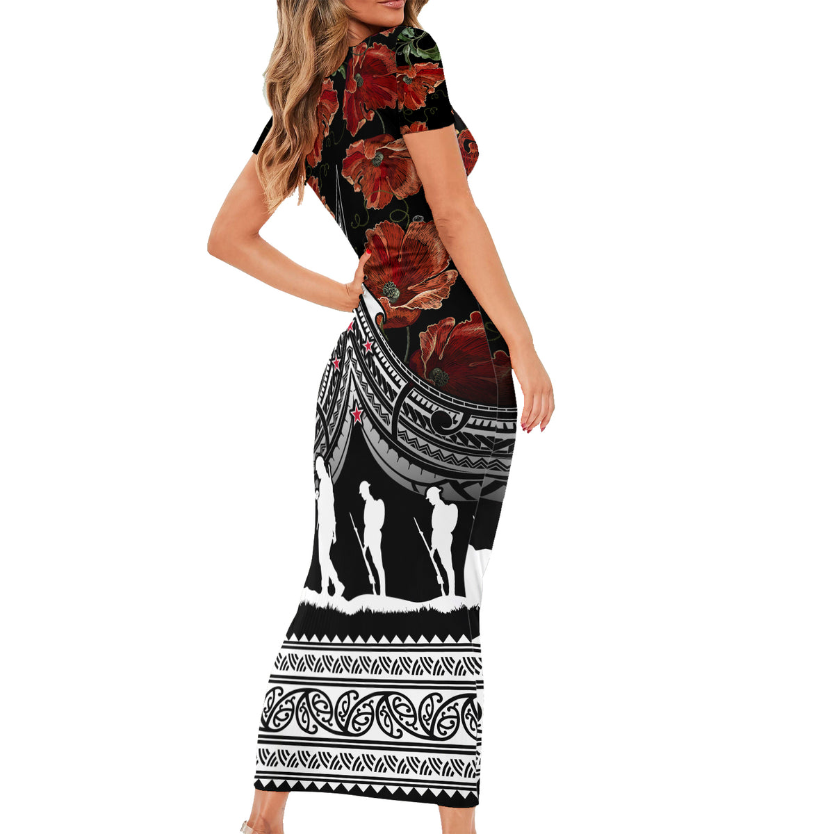 New Zealand ANZAC Day Family Matching Short Sleeve Bodycon Dress and Hawaiian Shirt Poppy With Polynesian Pattern LT01 - Polynesian Pride