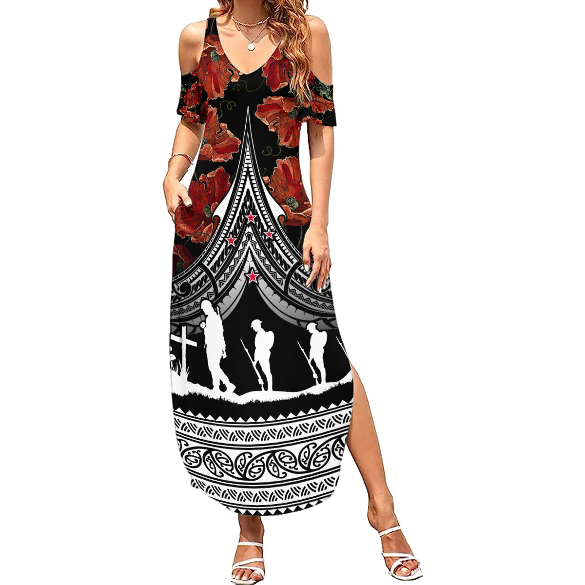 New Zealand ANZAC Day Family Matching Summer Maxi Dress and Hawaiian Shirt Poppy With Polynesian Pattern LT01 Mom's Dress Black - Polynesian Pride