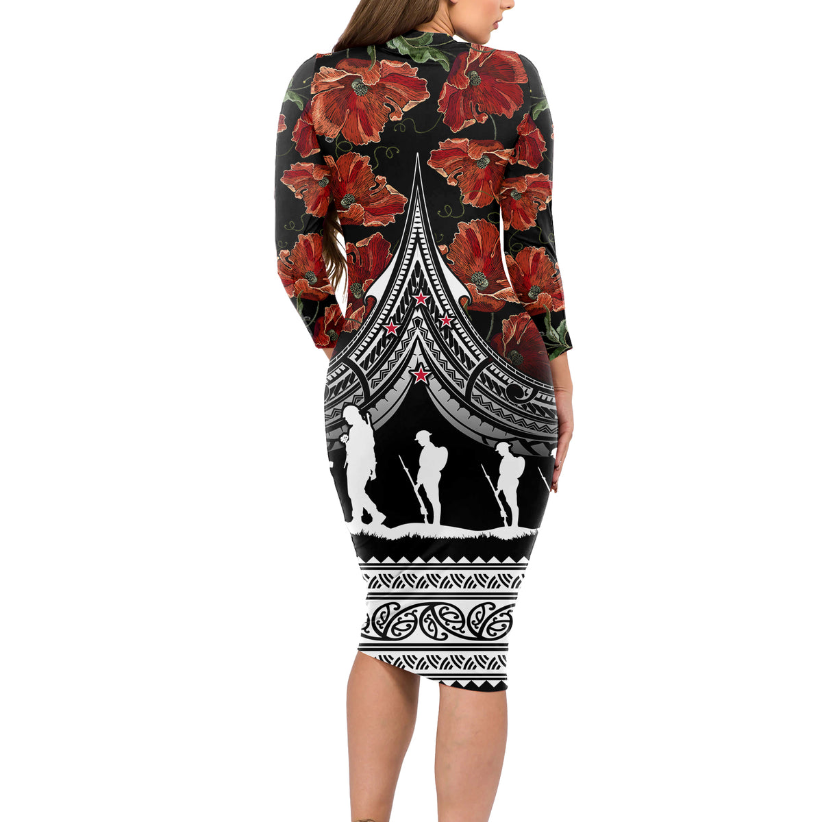 New Zealand ANZAC Day Long Sleeve Bodycon Dress Poppy With Polynesian Pattern LT01 - Polynesian Pride