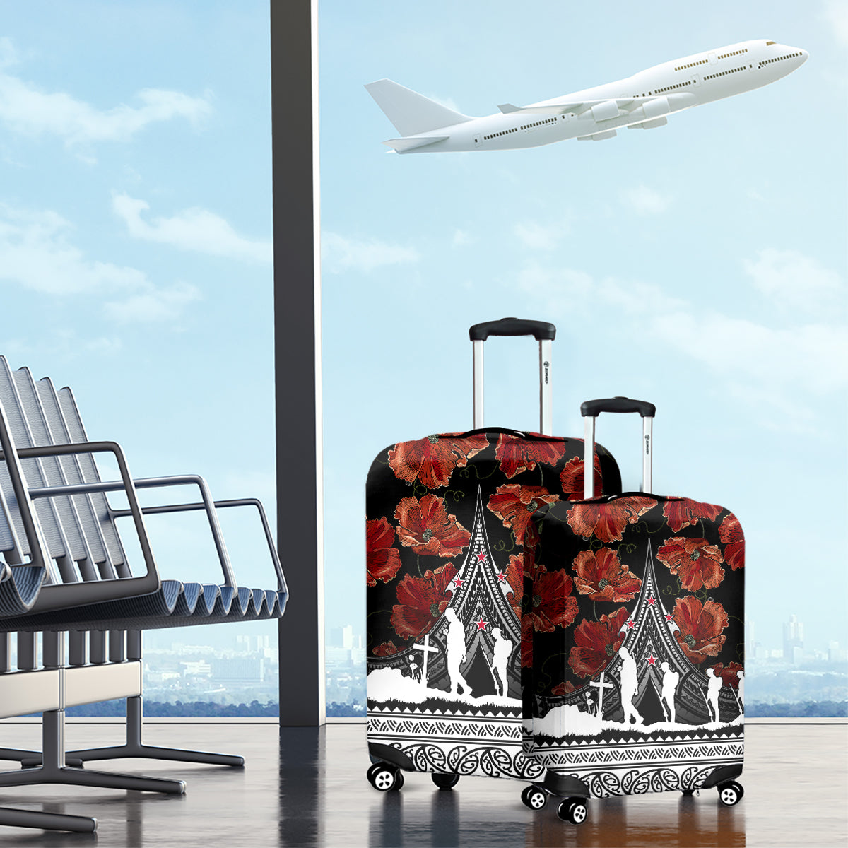 New Zealand ANZAC Day Luggage Cover Poppy With Polynesian Pattern LT01 - Polynesian Pride