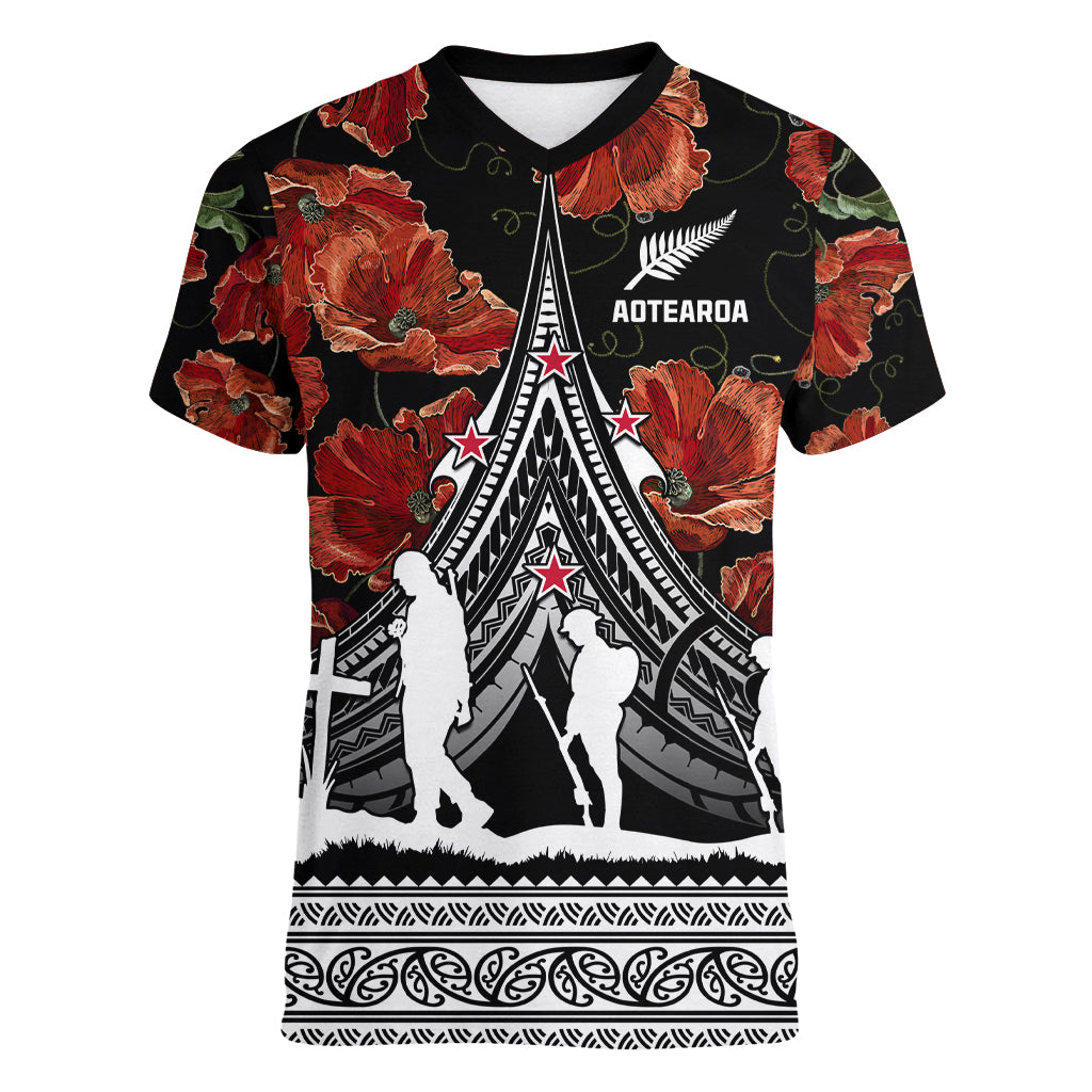 New Zealand ANZAC Day Women V Neck T Shirt Poppy With Polynesian Pattern LT01 Female Black - Polynesian Pride