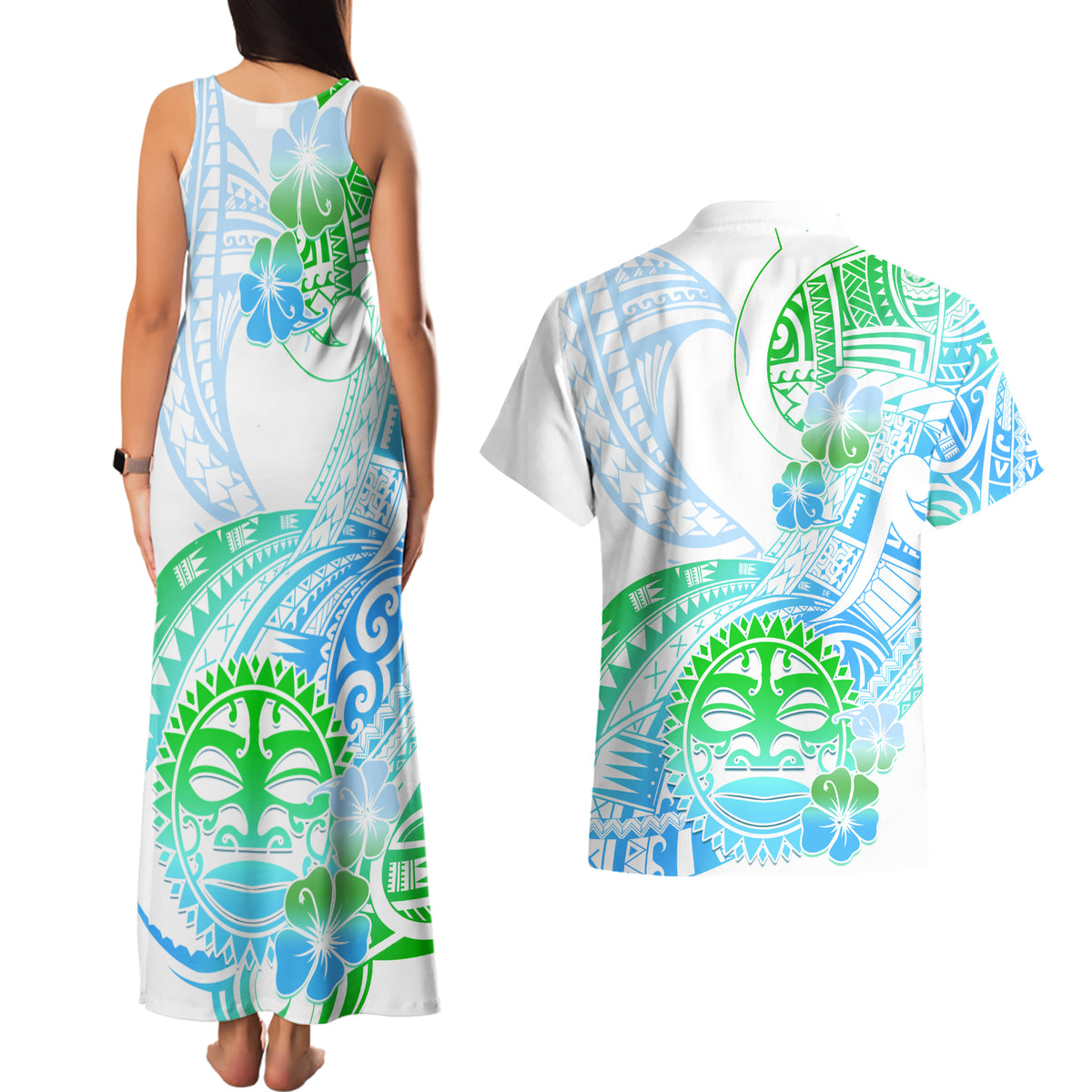 Kia Ora Maori New Zealand Pastel Couples Matching Tank Maxi Dress and Hawaiian Shirt Sun Ta Moko Aqua Green Version LT01 - Polynesian Pride