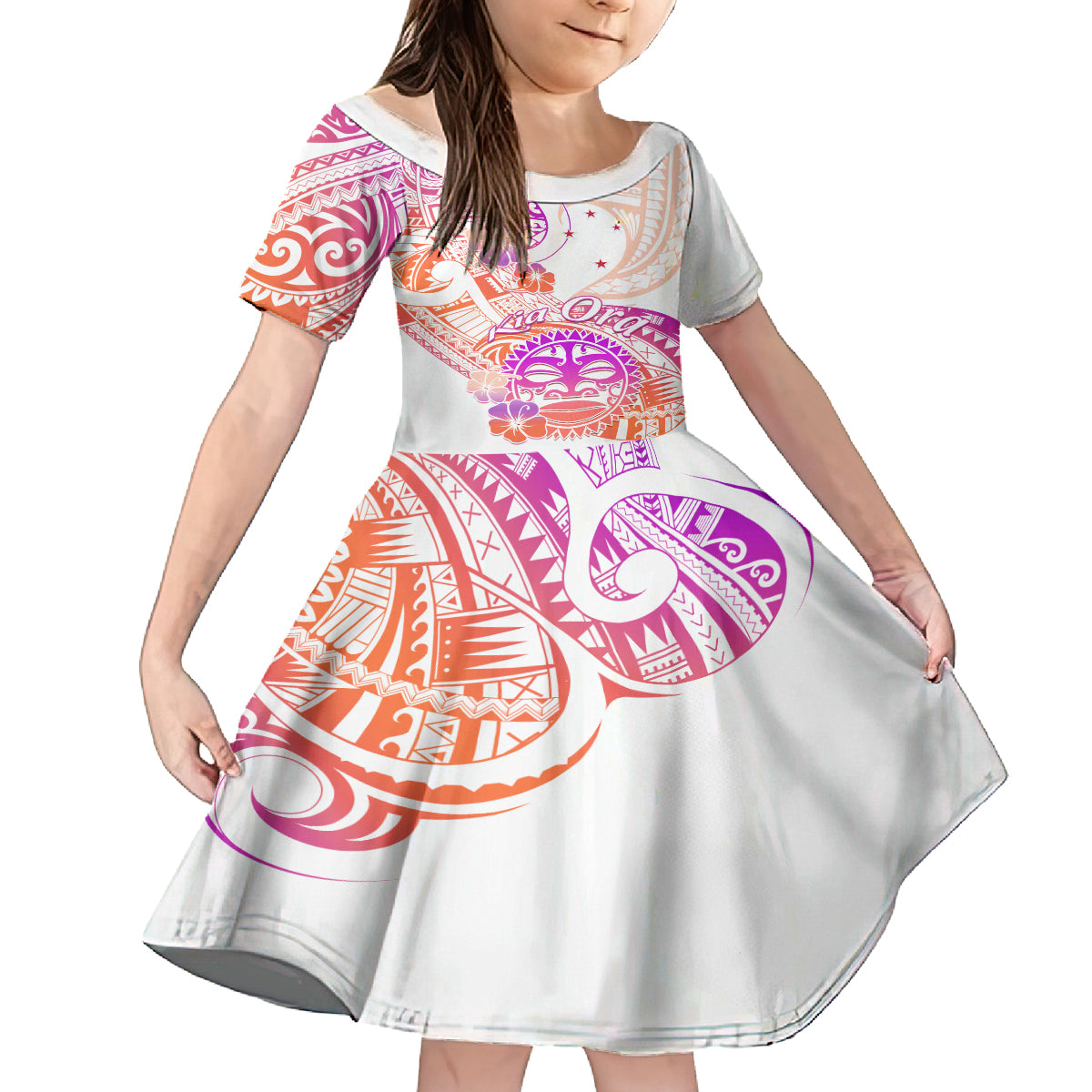 Kia Ora Maori New Zealand Pastel Family Matching Off Shoulder Maxi Dress and Hawaiian Shirt Sun Ta Moko Sunset Version LT01 Daughter's Dress Orange - Polynesian Pride