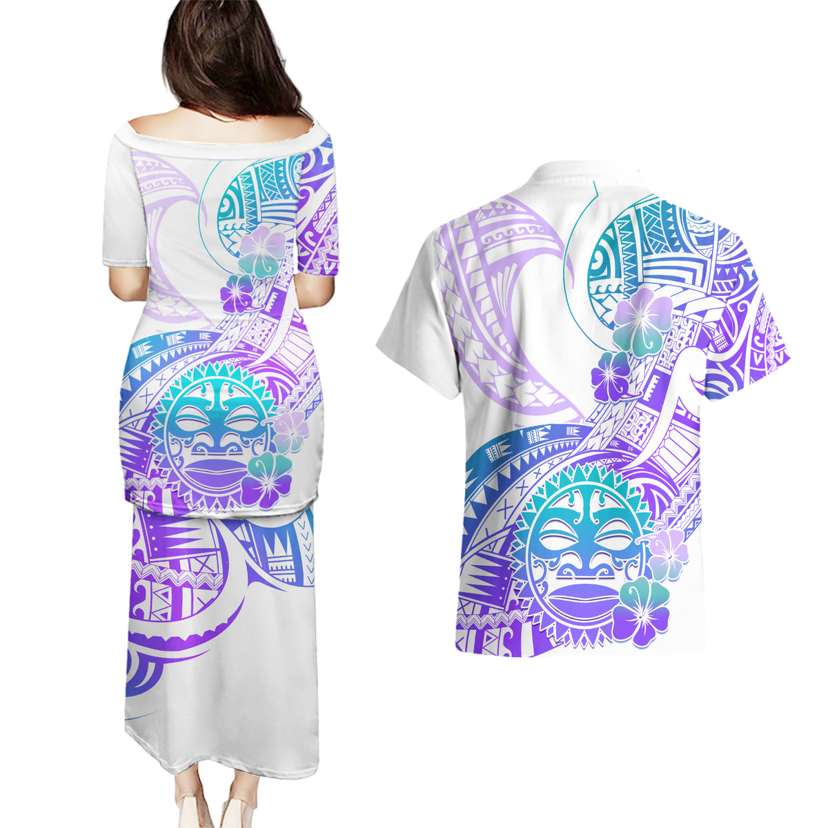 Kia Ora Maori New Zealand Pastel Couples Matching Puletasi Dress and Hawaiian Shirt Sun Ta Moko Violet Version LT01 - Polynesian Pride