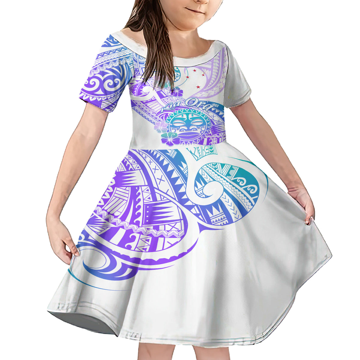 Kia Ora Maori New Zealand Pastel Family Matching Short Sleeve Bodycon Dress and Hawaiian Shirt Sun Ta Moko Violet Version LT01 Daughter's Dress Purple - Polynesian Pride