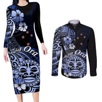 Aotearoa Kia Ora New Zealand Ta Moko Blue Version Couples Matching Long Sleeve Bodycon Dress and Long Sleeve Button Shirt LT01 Blue - Polynesian Pride