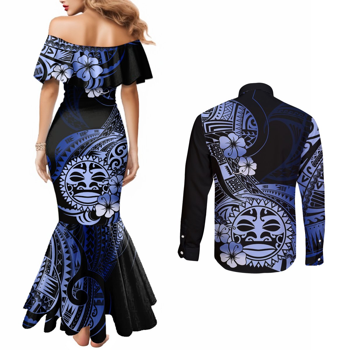 Aotearoa Kia Ora New Zealand Ta Moko Blue Version Couples Matching Mermaid Dress and Long Sleeve Button Shirt LT01 - Polynesian Pride