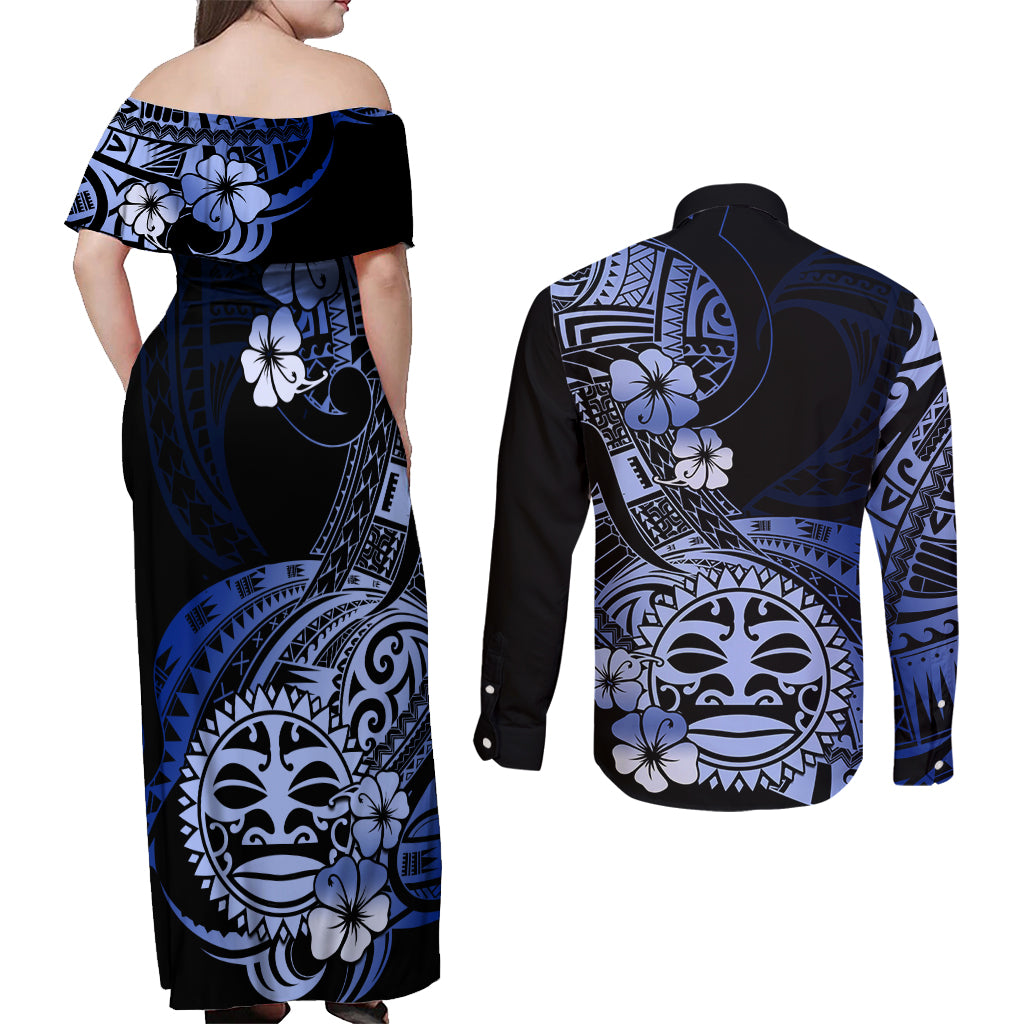 Aotearoa Kia Ora New Zealand Ta Moko Blue Version Couples Matching Off Shoulder Maxi Dress and Long Sleeve Button Shirt LT01 - Polynesian Pride