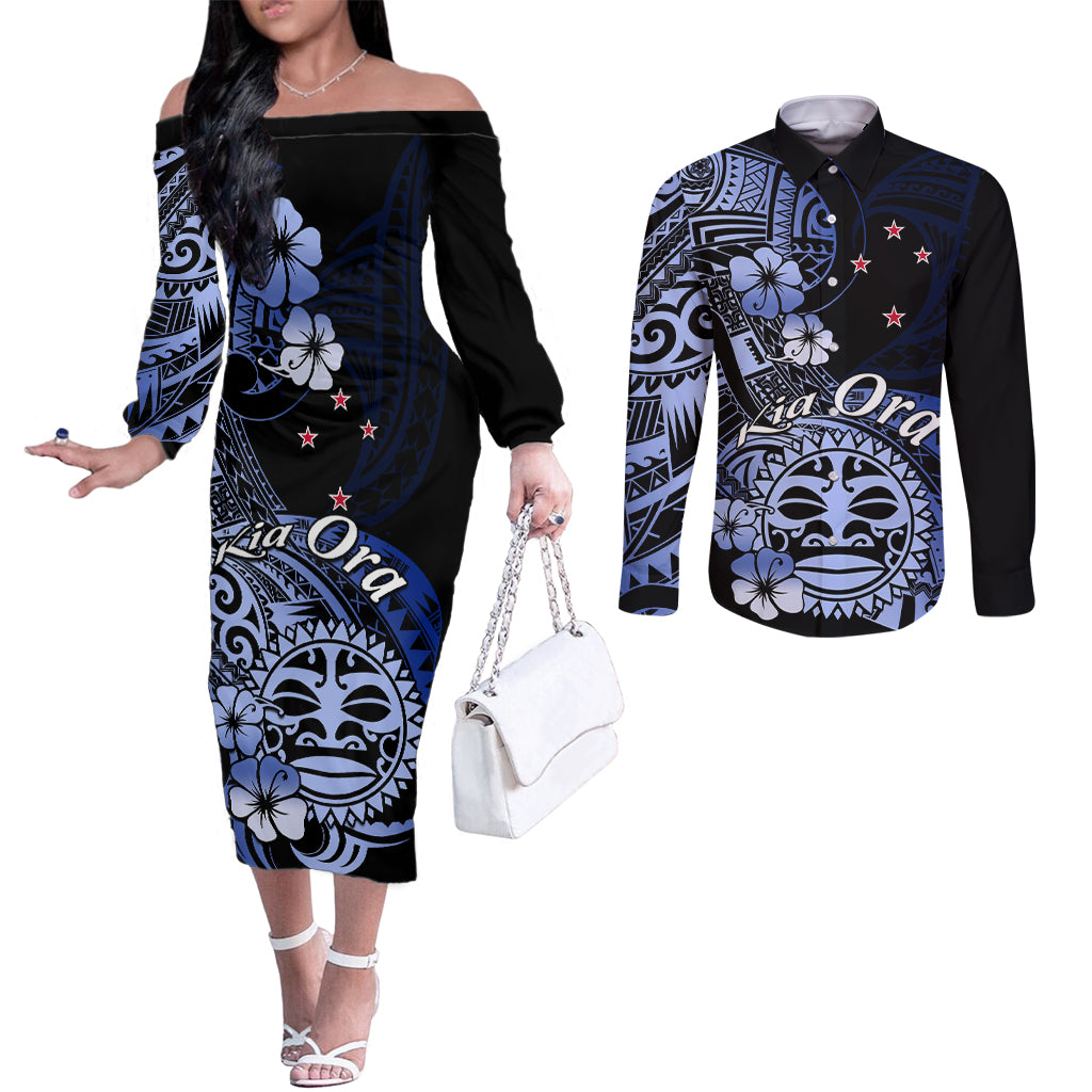 Aotearoa Kia Ora New Zealand Ta Moko Blue Version Couples Matching Off The Shoulder Long Sleeve Dress and Long Sleeve Button Shirt LT01 Blue - Polynesian Pride