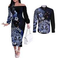 Aotearoa Kia Ora New Zealand Ta Moko Blue Version Couples Matching Off The Shoulder Long Sleeve Dress and Long Sleeve Button Shirt LT01 Blue - Polynesian Pride