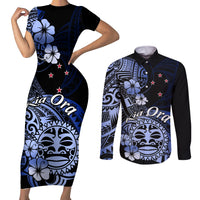 Aotearoa Kia Ora New Zealand Ta Moko Blue Version Couples Matching Short Sleeve Bodycon Dress and Long Sleeve Button Shirt LT01 Blue - Polynesian Pride