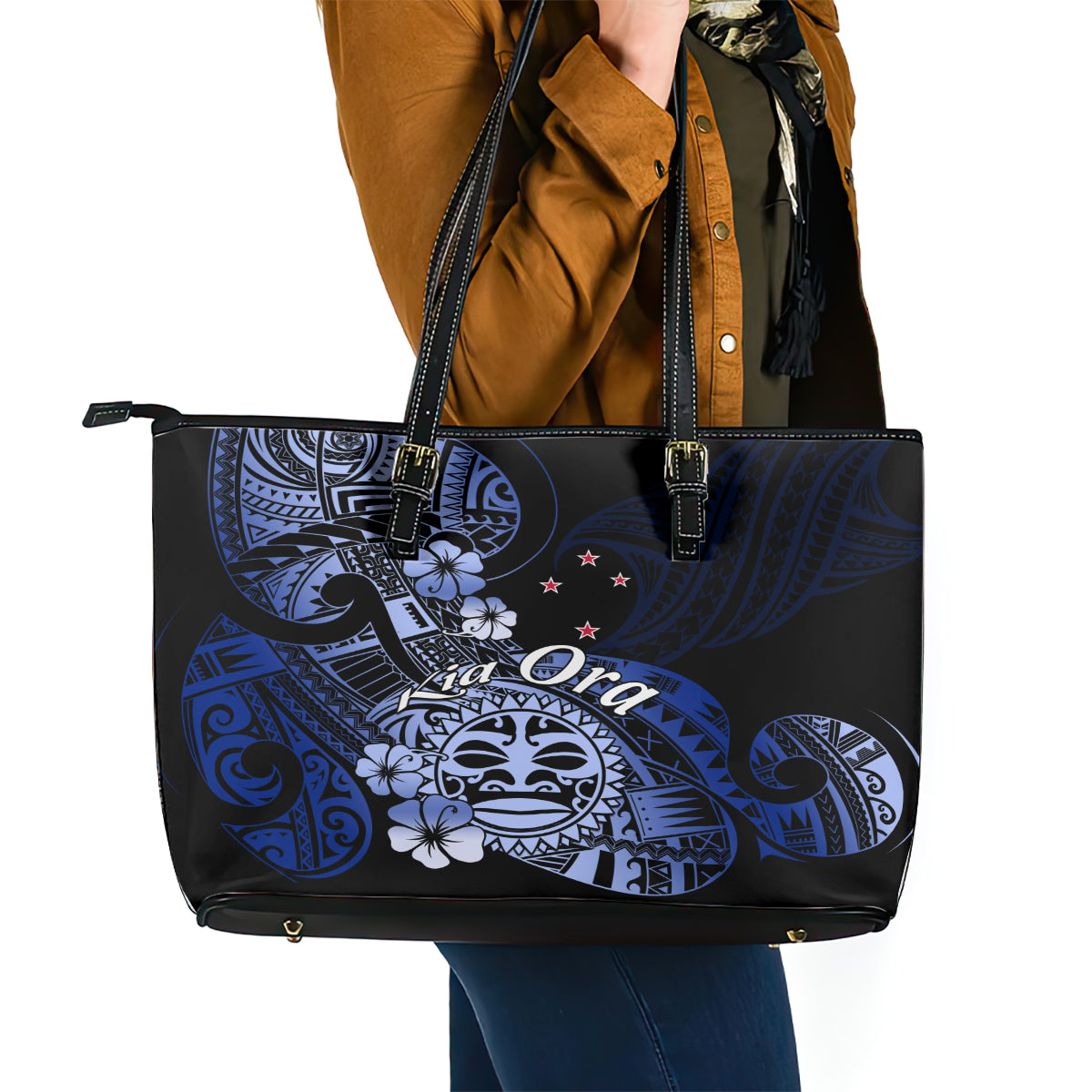 Aotearoa Kia Ora New Zealand Ta Moko Blue Version Leather Tote Bag LT01 - Polynesian Pride