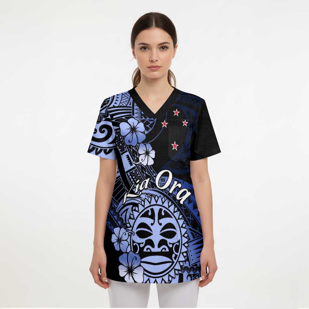 Aotearoa Kia Ora New Zealand Ta Moko Blue Version Scrub Top - Polynesian Pride