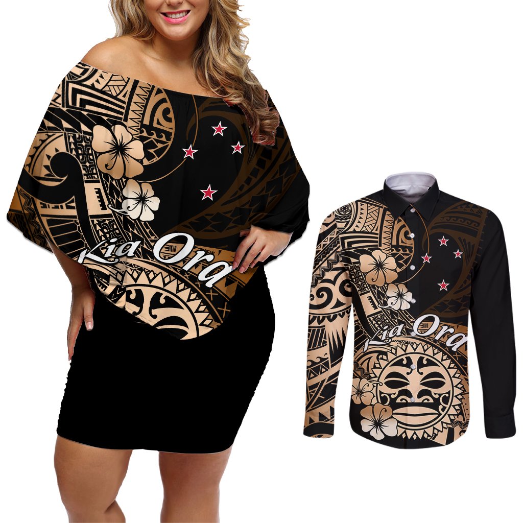 Aotearoa Kia Ora New Zealand Ta Moko Gold Version Couples Matching Off Shoulder Short Dress and Long Sleeve Button Shirt LT01 Gold - Polynesian Pride