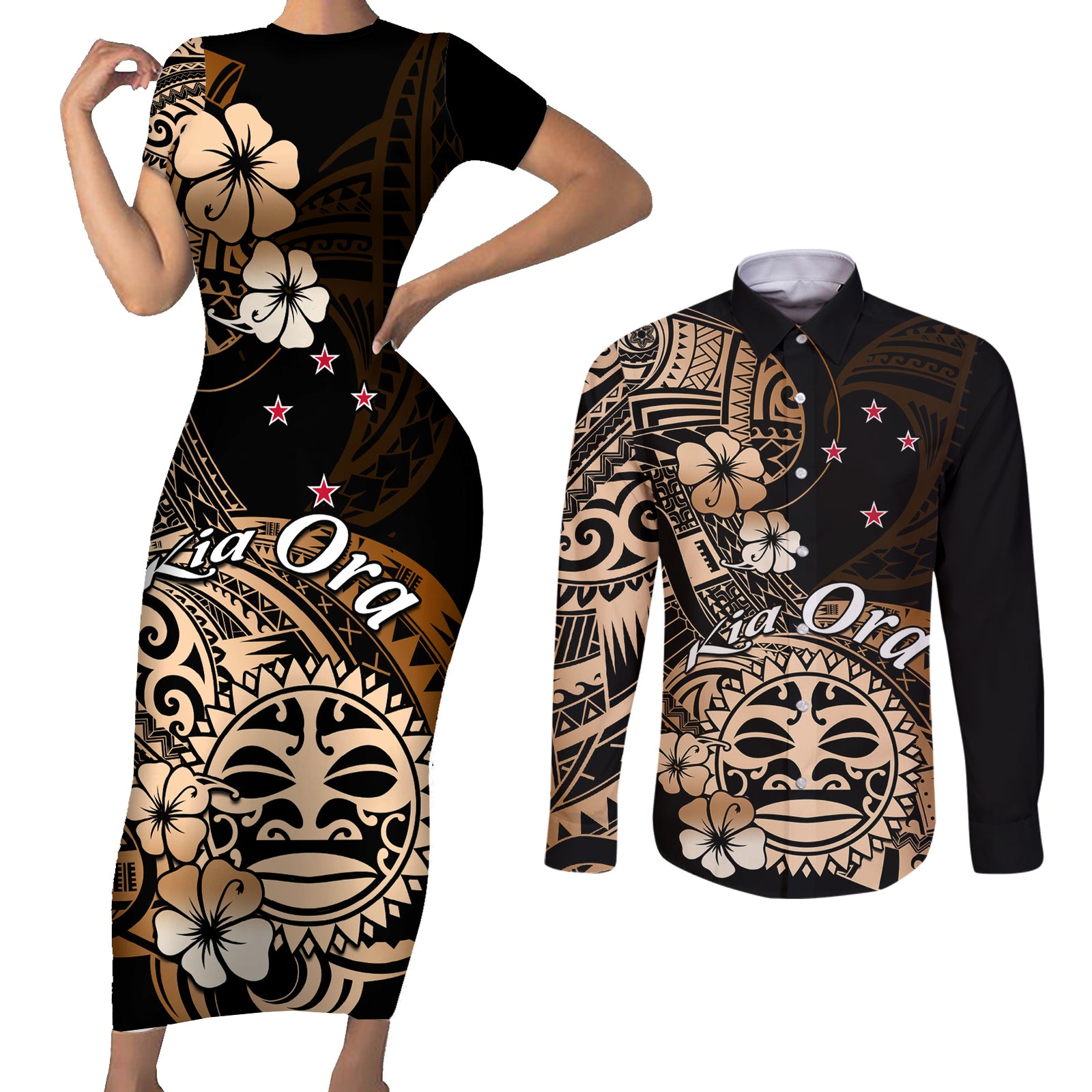 Aotearoa Kia Ora New Zealand Ta Moko Gold Version Couples Matching Short Sleeve Bodycon Dress and Long Sleeve Button Shirt LT01 Gold - Polynesian Pride