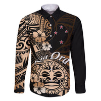 Aotearoa Kia Ora New Zealand Ta Moko Gold Version Family Matching Puletasi Dress and Hawaiian Shirt LT01 Dad's Shirt - Long Sleeve Gold - Polynesian Pride