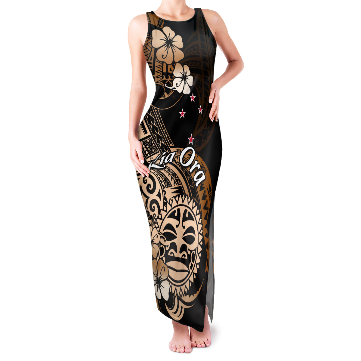 Aotearoa Kia Ora New Zealand Ta Moko Gold Version Family Matching Tank Maxi Dress and Hawaiian Shirt LT01 Mom's Dress Gold - Polynesian Pride