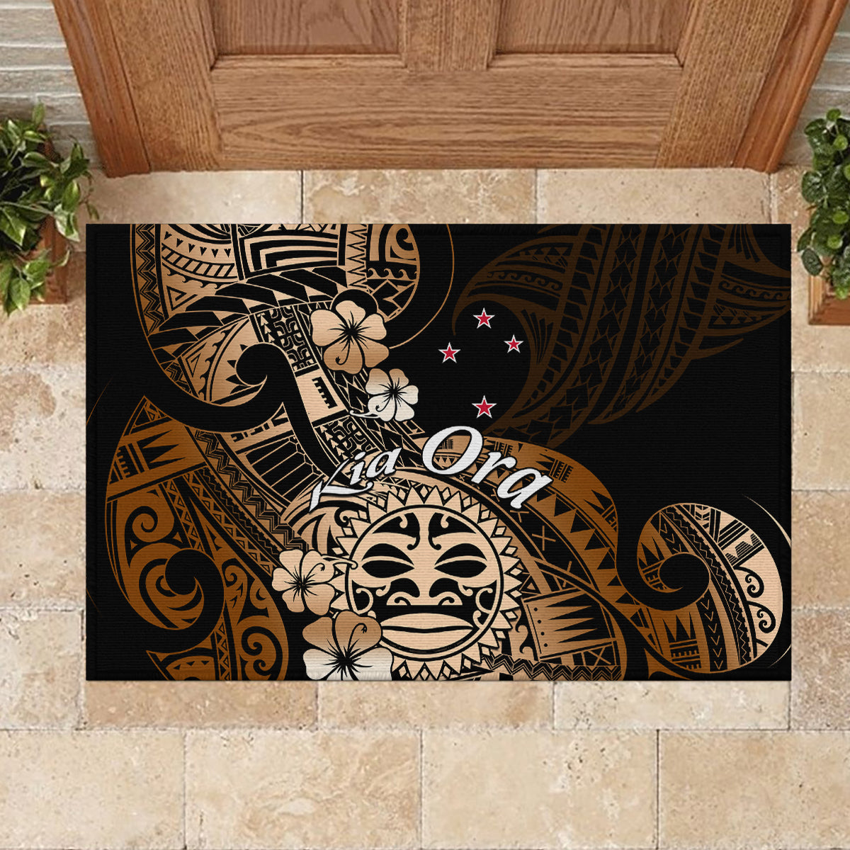 Aotearoa Kia Ora New Zealand Ta Moko Gold Version Rubber Doormat LT01 - Polynesian Pride