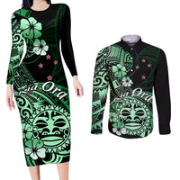 Aotearoa Kia Ora New Zealand Ta Moko Green Version Couples Matching Long Sleeve Bodycon Dress and Long Sleeve Button Shirt LT01 Green - Polynesian Pride