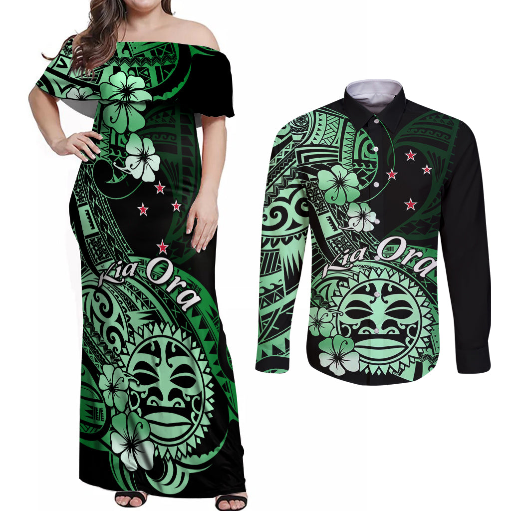 Aotearoa Kia Ora New Zealand Ta Moko Green Version Couples Matching Off Shoulder Maxi Dress and Long Sleeve Button Shirt LT01 Green - Polynesian Pride
