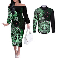 Aotearoa Kia Ora New Zealand Ta Moko Green Version Couples Matching Off The Shoulder Long Sleeve Dress and Long Sleeve Button Shirt LT01 Green - Polynesian Pride