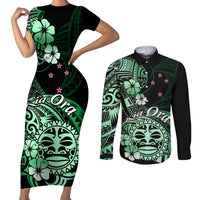 Aotearoa Kia Ora New Zealand Ta Moko Green Version Couples Matching Short Sleeve Bodycon Dress and Long Sleeve Button Shirt LT01 Green - Polynesian Pride