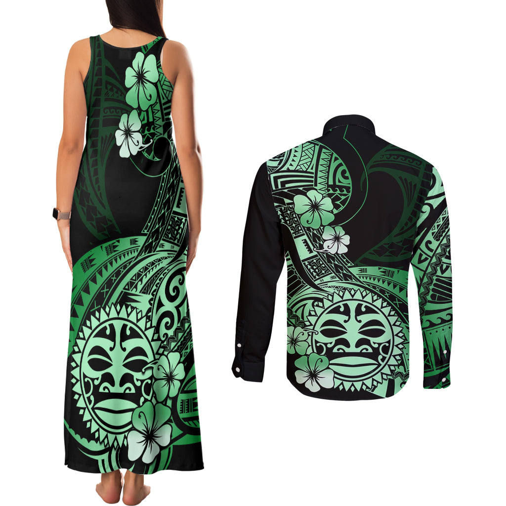 Aotearoa Kia Ora New Zealand Ta Moko Green Version Couples Matching Tank Maxi Dress and Long Sleeve Button Shirt LT01 - Polynesian Pride