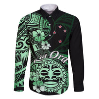 Aotearoa Kia Ora New Zealand Ta Moko Green Version Family Matching Mermaid Dress and Hawaiian Shirt LT01 Dad's Shirt - Long Sleeve Green - Polynesian Pride