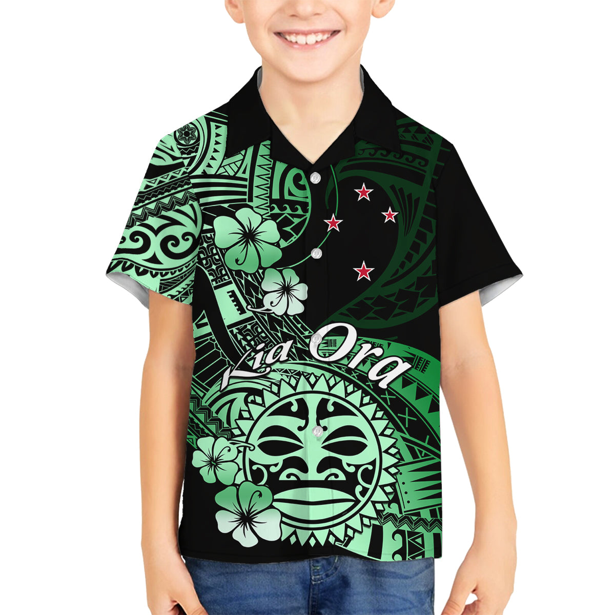 Aotearoa Kia Ora New Zealand Ta Moko Green Version Family Matching Off Shoulder Long Sleeve Dress and Hawaiian Shirt LT01 Son's Shirt Green - Polynesian Pride