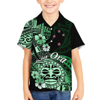 Aotearoa Kia Ora New Zealand Ta Moko Green Version Family Matching Off Shoulder Short Dress and Hawaiian Shirt LT01 Son's Shirt Green - Polynesian Pride