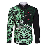 Aotearoa Kia Ora New Zealand Ta Moko Green Version Family Matching Puletasi Dress and Hawaiian Shirt LT01 Dad's Shirt - Long Sleeve Green - Polynesian Pride