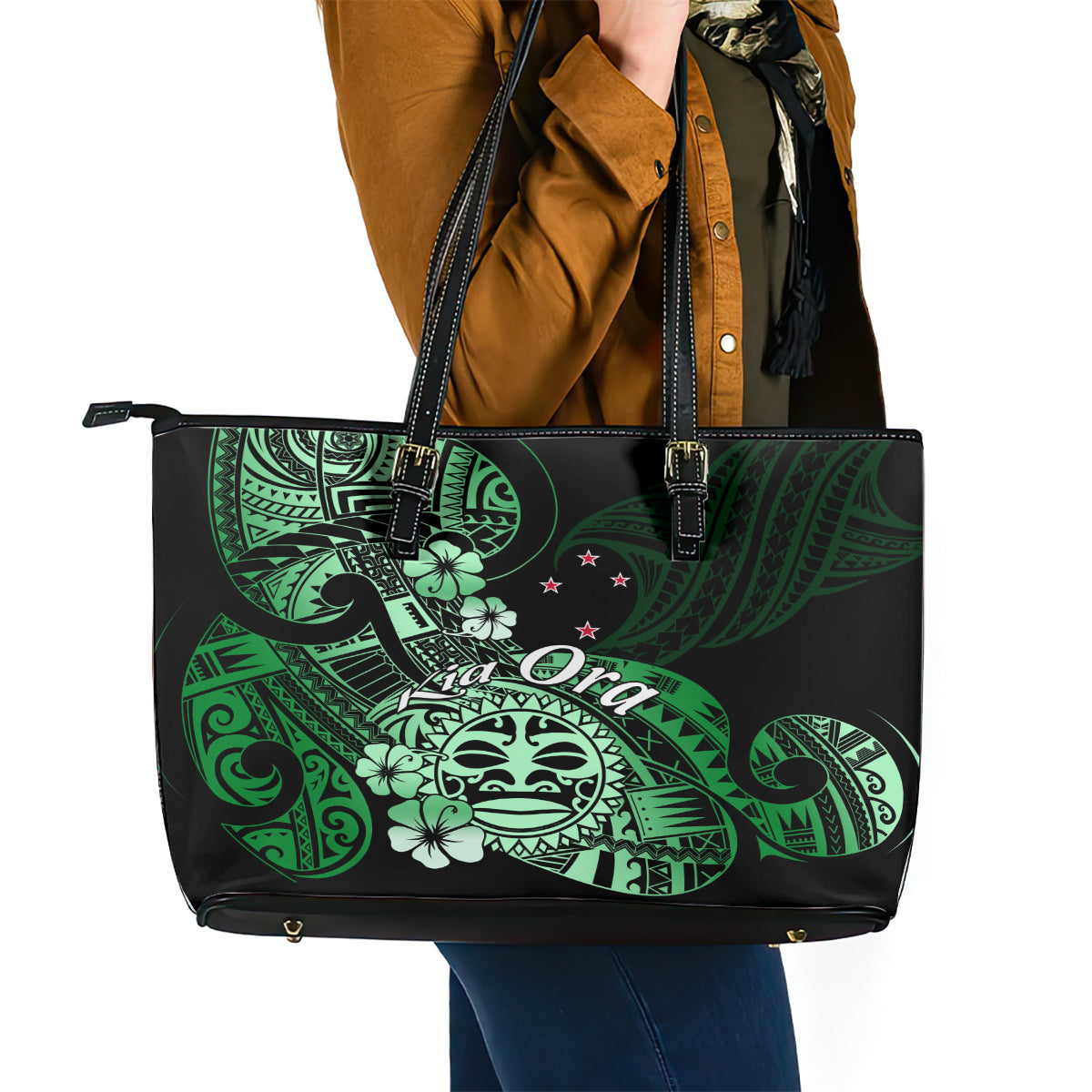 Aotearoa Kia Ora New Zealand Ta Moko Green Version Leather Tote Bag LT01 - Polynesian Pride