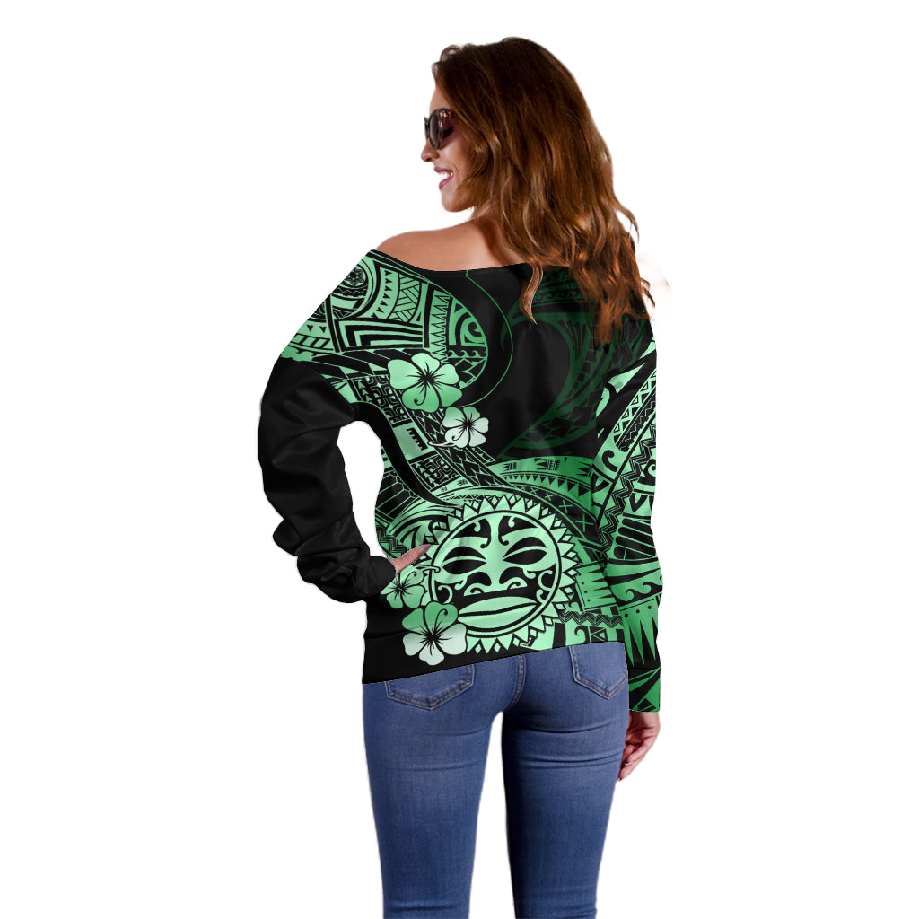 Aotearoa Kia Ora New Zealand Ta Moko Green Version Off Shoulder Sweater LT01 - Polynesian Pride
