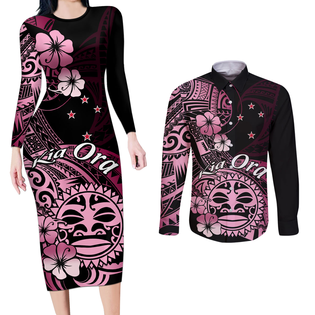 Aotearoa Kia Ora New Zealand Ta Moko Pink Version Couples Matching Long Sleeve Bodycon Dress and Long Sleeve Button Shirt LT01 Pink - Polynesian Pride