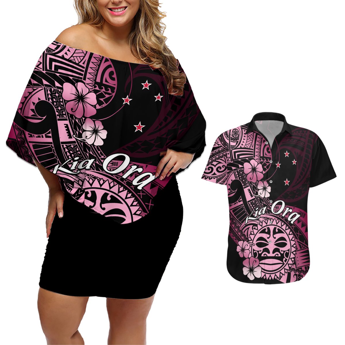 Aotearoa Kia Ora New Zealand Ta Moko Pink Version Couples Matching Off Shoulder Short Dress and Hawaiian Shirt LT01 Pink - Polynesian Pride