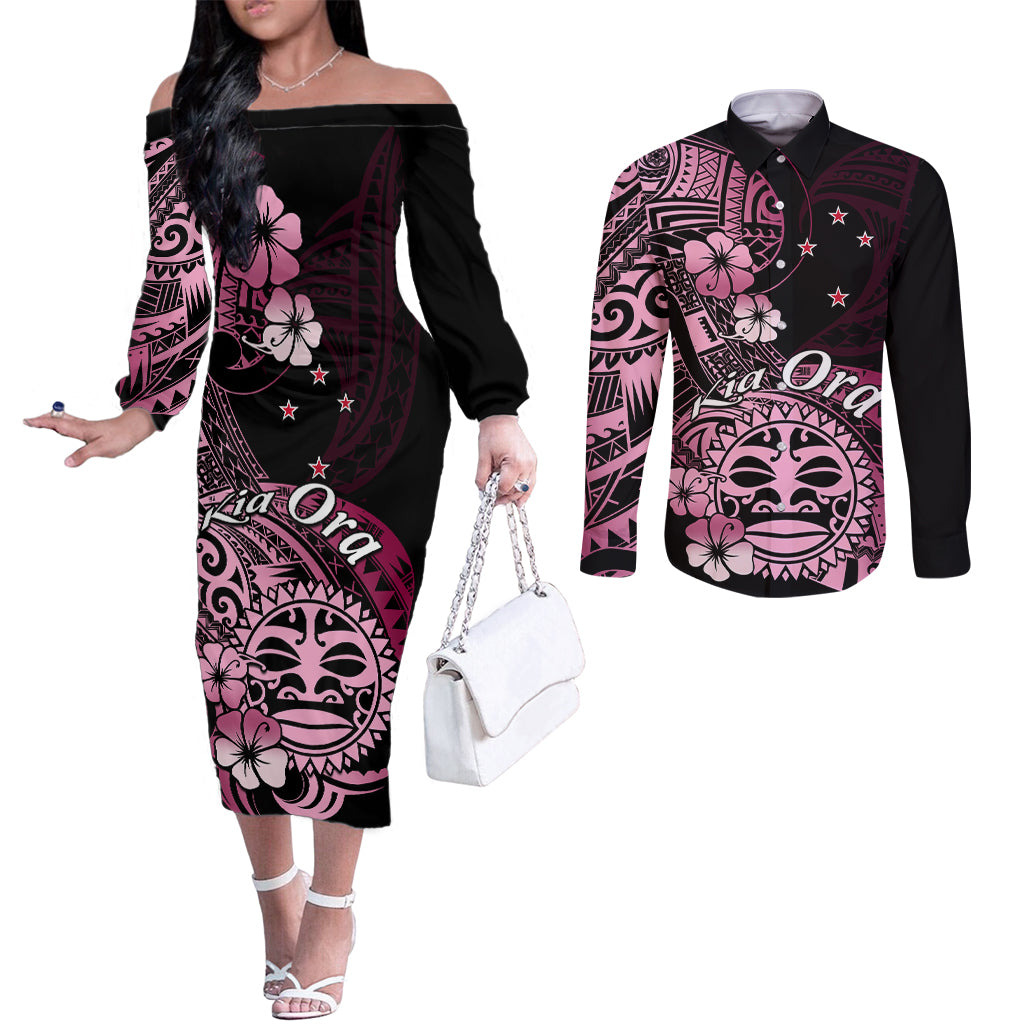 Aotearoa Kia Ora New Zealand Ta Moko Pink Version Couples Matching Off The Shoulder Long Sleeve Dress and Long Sleeve Button Shirt LT01 Pink - Polynesian Pride