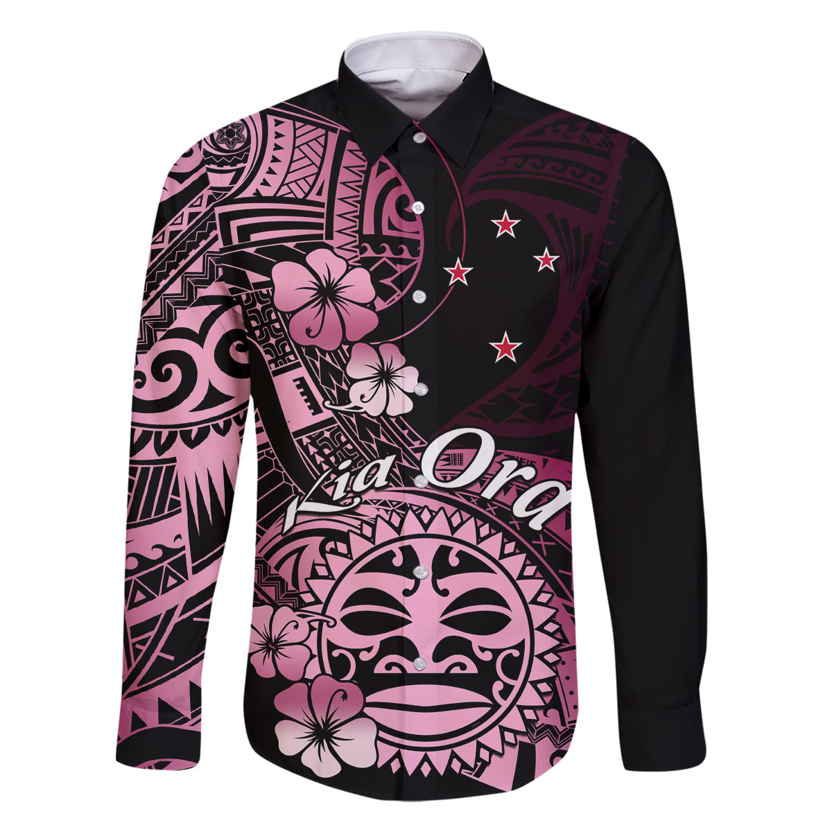 Aotearoa Kia Ora New Zealand Ta Moko Pink Version Family Matching Mermaid Dress and Hawaiian Shirt LT01 Dad's Shirt - Long Sleeve Pink - Polynesian Pride